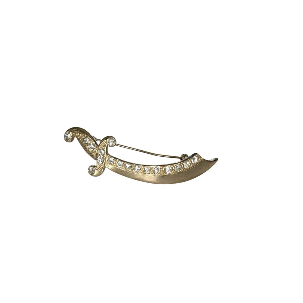 Vintage ORA Brooch Gold Tone Clear Rhinestone Curved Swirl Scroll Pin Signed